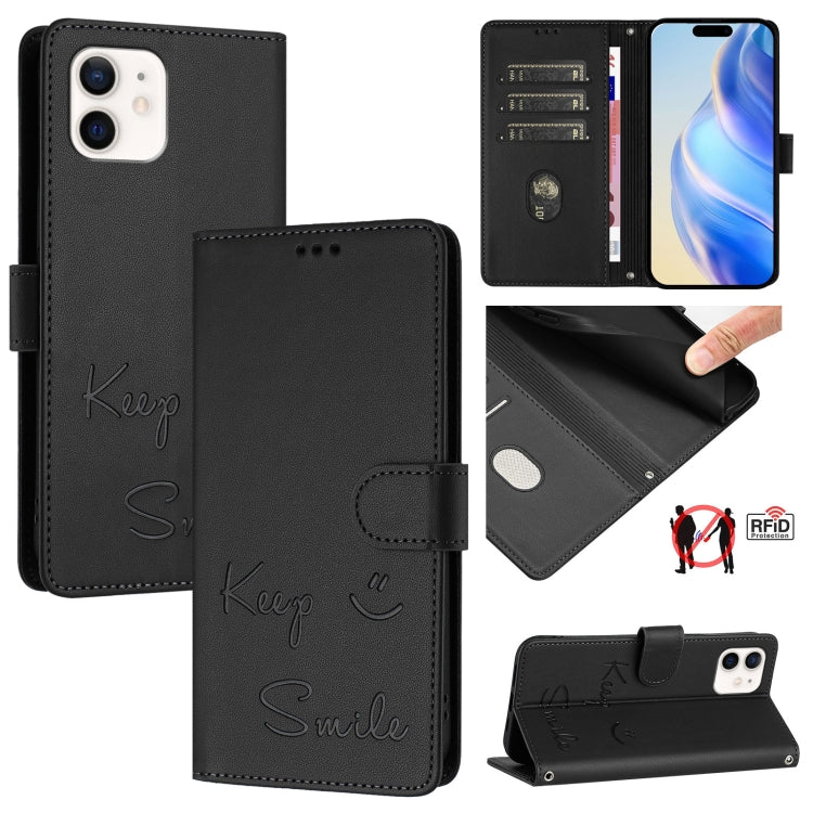Capa de telemóvel em pele com relevo de sorriso e RFID, para iPhone 14 Pro Max, para iPhone SE 2022 / 2020 / 8 / 7, para iPhone 13 Pro Max, para iPhone 13 Pro, para iPhone 13 mini, para iPhone 12 / 12 Pro, para iPhone 12 Pro Max, para iPhone 12 mini