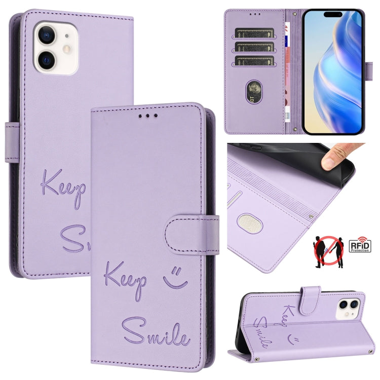 Capa de telemóvel em pele com relevo de sorriso e RFID, para iPhone 14 Pro Max, para iPhone SE 2022 / 2020 / 8 / 7, para iPhone 13 Pro Max, para iPhone 13 Pro, para iPhone 13 mini, para iPhone 12 / 12 Pro, para iPhone 12 Pro Max, para iPhone 12 mini