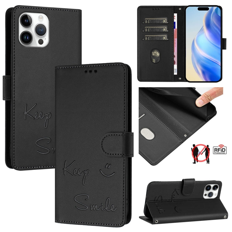 Capa de telemóvel em pele com relevo de sorriso e RFID, para iPhone 14 Pro Max, para iPhone SE 2022 / 2020 / 8 / 7, para iPhone 13 Pro Max, para iPhone 13 Pro, para iPhone 13 mini, para iPhone 12 / 12 Pro, para iPhone 12 Pro Max, para iPhone 12 mini
