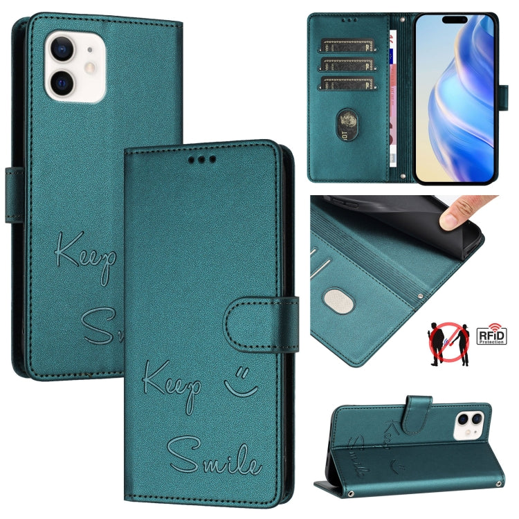 Capa de telemóvel em pele com relevo de sorriso e RFID, para iPhone 14 Pro Max, para iPhone SE 2022 / 2020 / 8 / 7, para iPhone 13 Pro Max, para iPhone 13 Pro, para iPhone 13 mini, para iPhone 12 / 12 Pro, para iPhone 12 Pro Max, para iPhone 12 mini