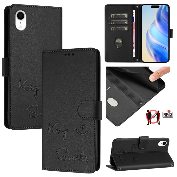 Capa de telemóvel em pele com relevo de sorriso e RFID, para iPhone 11 Pro Max, para iPhone 11, para iPhone 11 Pro, para iPod Touch 7 / 6 / 5, para iPhone X / XS, para iPhone XR, para iPhone XS Max, para iPhone 8 Plus / 7 Plus