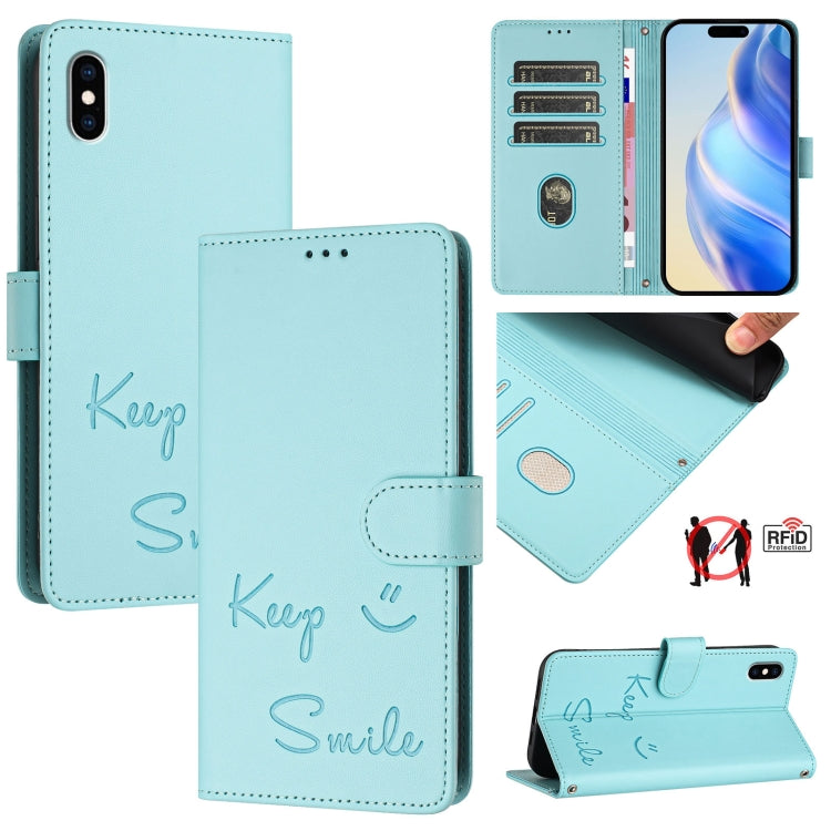 Capa de telemóvel em pele com relevo de sorriso e RFID, para iPhone 11 Pro Max, para iPhone 11, para iPhone 11 Pro, para iPod Touch 7 / 6 / 5, para iPhone X / XS, para iPhone XR, para iPhone XS Max, para iPhone 8 Plus / 7 Plus