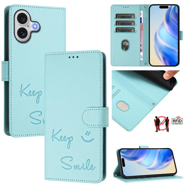 Capa de Telemóvel em Pele com Relevo de Sorriso e RFID, Para iPhone 17 Pro Max, Para iPhone 17 Pro, Para iPhone 17, Para iPhone Air, Para iPhone SE 2024, Para iPhone 16 Pro Max, Para iPhone 16 Pro, Para iPhone 16 Plus