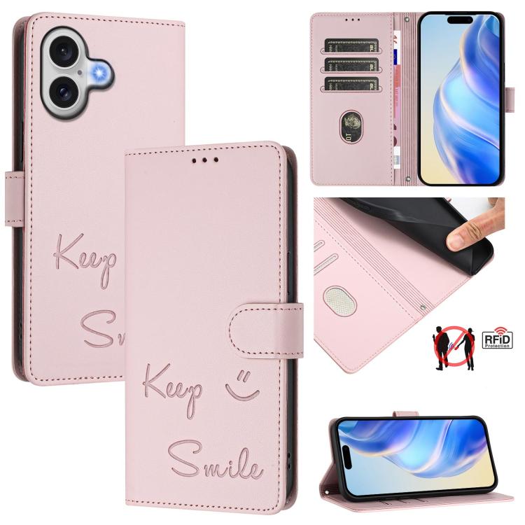 Capa de Telemóvel em Pele com Relevo de Sorriso e RFID, Para iPhone 17 Pro Max, Para iPhone 17 Pro, Para iPhone 17, Para iPhone Air, Para iPhone SE 2024, Para iPhone 16 Pro Max, Para iPhone 16 Pro, Para iPhone 16 Plus