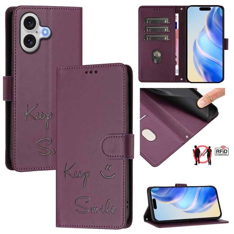 Capa de Telemóvel em Pele com Relevo de Sorriso e RFID, Para iPhone 17 Pro Max, Para iPhone 17 Pro, Para iPhone 17, Para iPhone Air, Para iPhone SE 2024, Para iPhone 16 Pro Max, Para iPhone 16 Pro, Para iPhone 16 Plus