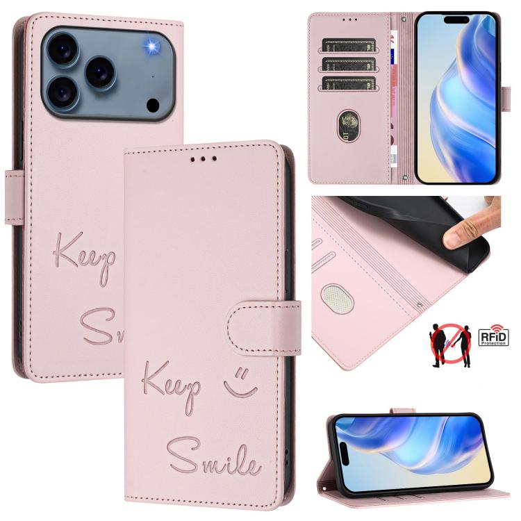 Capa de Telemóvel em Pele com Relevo de Sorriso e RFID, Para iPhone 17 Pro Max, Para iPhone 17 Pro, Para iPhone 17, Para iPhone Air, Para iPhone SE 2024, Para iPhone 16 Pro Max, Para iPhone 16 Pro, Para iPhone 16 Plus