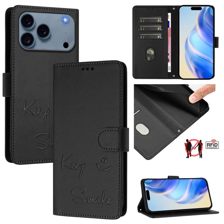Capa de Telemóvel em Pele com Relevo de Sorriso e RFID, Para iPhone 17 Pro Max, Para iPhone 17 Pro, Para iPhone 17, Para iPhone Air, Para iPhone SE 2024, Para iPhone 16 Pro Max, Para iPhone 16 Pro, Para iPhone 16 Plus