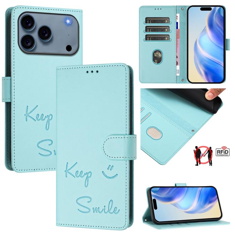 Capa de Telemóvel em Pele com Relevo de Sorriso e RFID, Para iPhone 17 Pro Max, Para iPhone 17 Pro, Para iPhone 17, Para iPhone Air, Para iPhone SE 2024, Para iPhone 16 Pro Max, Para iPhone 16 Pro, Para iPhone 16 Plus