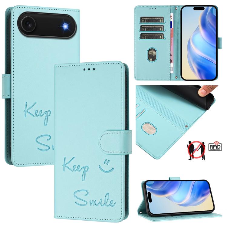 Capa de Telemóvel em Pele com Relevo de Sorriso e RFID, Para iPhone 17 Pro Max, Para iPhone 17 Pro, Para iPhone 17, Para iPhone Air, Para iPhone SE 2024, Para iPhone 16 Pro Max, Para iPhone 16 Pro, Para iPhone 16 Plus