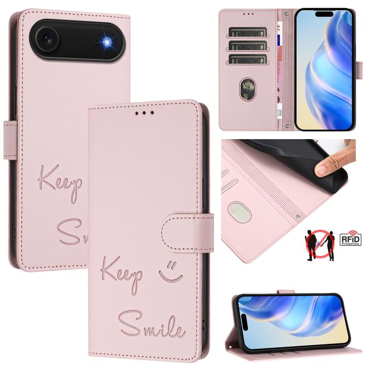 Capa de Telemóvel em Pele com Relevo de Sorriso e RFID, Para iPhone 17 Pro Max, Para iPhone 17 Pro, Para iPhone 17, Para iPhone Air, Para iPhone SE 2024, Para iPhone 16 Pro Max, Para iPhone 16 Pro, Para iPhone 16 Plus