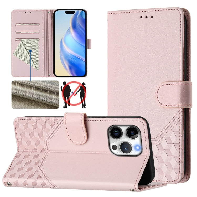 Capa de telemóvel em pele com relevo de favo de mel e proteção RFID, para iPhone 17e / 16e, para iPhone 17 Pro Max, para iPhone 17 Pro, para iPhone 17, para iPhone Air, para iPhone 16 Pro Max, para iPhone 16 Pro, para iPhone 16 Plus