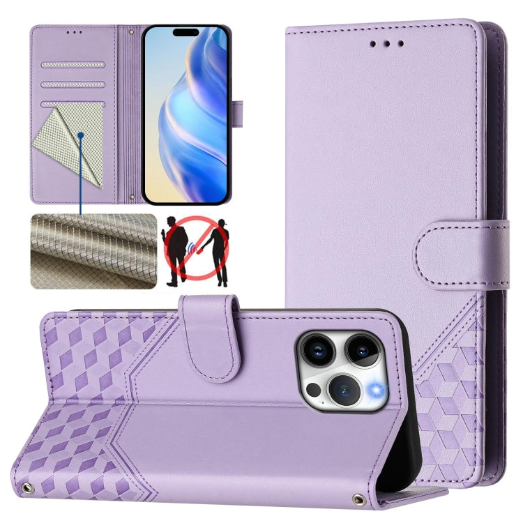 Capa de telemóvel em pele com relevo de favo de mel e proteção RFID, para iPhone 17e / 16e, para iPhone 17 Pro Max, para iPhone 17 Pro, para iPhone 17, para iPhone Air, para iPhone 16 Pro Max, para iPhone 16 Pro, para iPhone 16 Plus