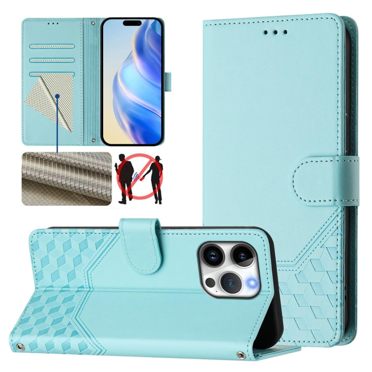 Capa de telemóvel em pele com relevo de favo de mel e proteção RFID, para iPhone 17e / 16e, para iPhone 17 Pro Max, para iPhone 17 Pro, para iPhone 17, para iPhone Air, para iPhone 16 Pro Max, para iPhone 16 Pro, para iPhone 16 Plus
