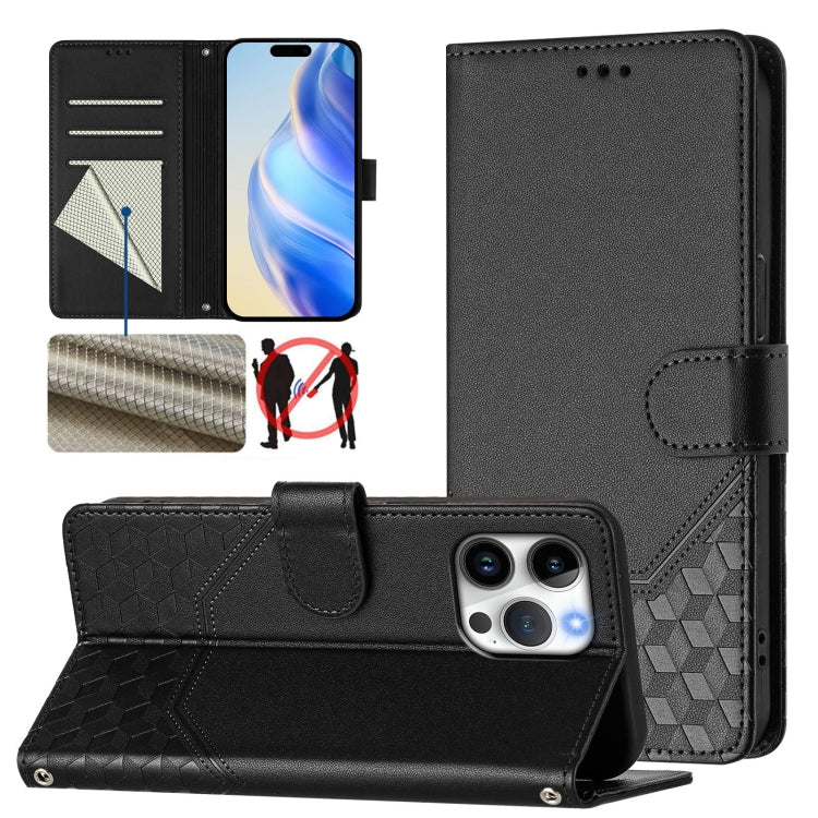 Capa de telemóvel em pele com relevo de favo de mel e proteção RFID, para iPhone 17e / 16e, para iPhone 17 Pro Max, para iPhone 17 Pro, para iPhone 17, para iPhone Air, para iPhone 16 Pro Max, para iPhone 16 Pro, para iPhone 16 Plus