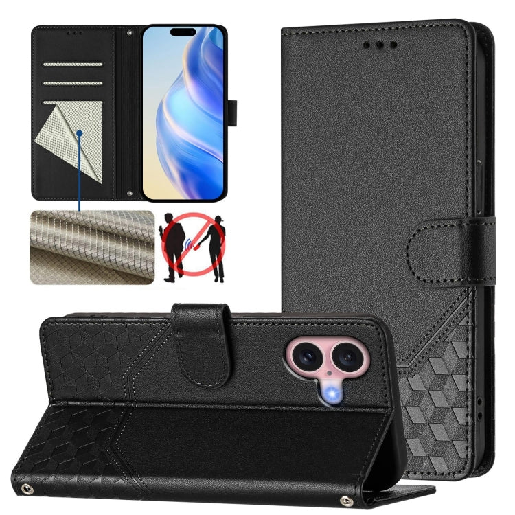 Capa de telemóvel em pele com relevo de favo de mel e proteção RFID, para iPhone 17e / 16e, para iPhone 17 Pro Max, para iPhone 17 Pro, para iPhone 17, para iPhone Air, para iPhone 16 Pro Max, para iPhone 16 Pro, para iPhone 16 Plus