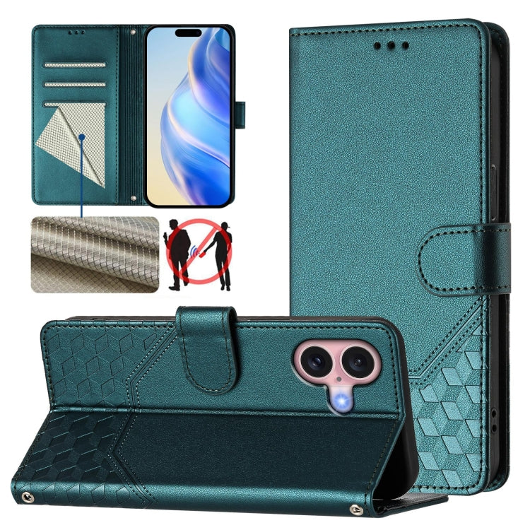 Capa de telemóvel em pele com relevo de favo de mel e proteção RFID, para iPhone 17e / 16e, para iPhone 17 Pro Max, para iPhone 17 Pro, para iPhone 17, para iPhone Air, para iPhone 16 Pro Max, para iPhone 16 Pro, para iPhone 16 Plus