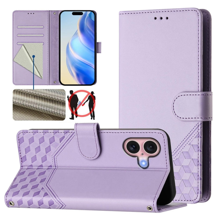Capa de telemóvel em pele com relevo de favo de mel e proteção RFID, para iPhone 17e / 16e, para iPhone 17 Pro Max, para iPhone 17 Pro, para iPhone 17, para iPhone Air, para iPhone 16 Pro Max, para iPhone 16 Pro, para iPhone 16 Plus
