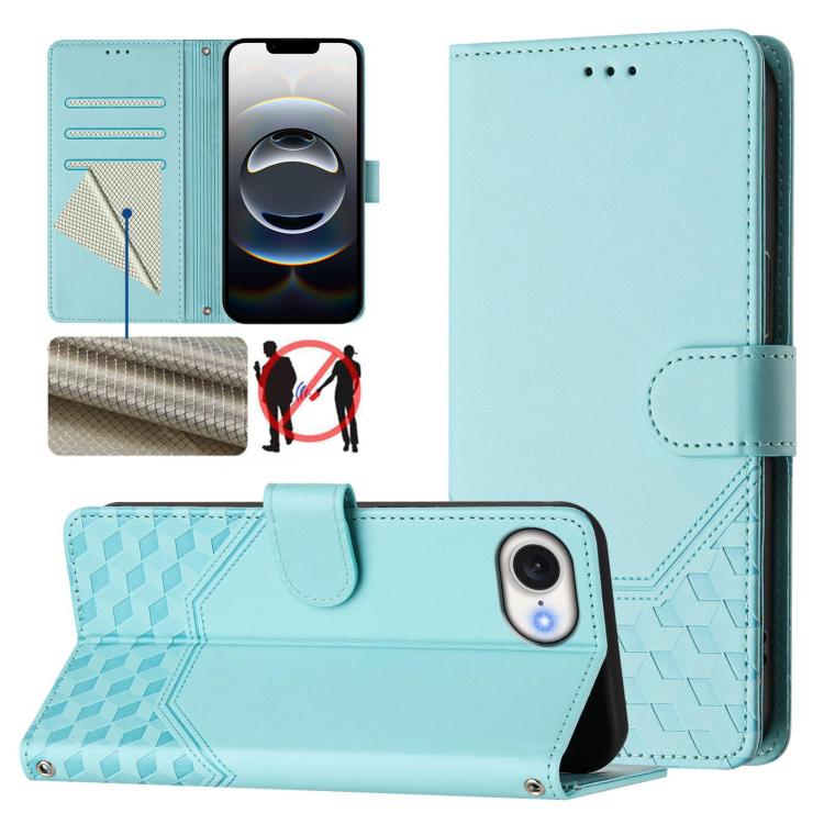 Capa de telemóvel em pele com relevo de favo de mel e proteção RFID, para iPhone 17e / 16e, para iPhone 17 Pro Max, para iPhone 17 Pro, para iPhone 17, para iPhone Air, para iPhone 16 Pro Max, para iPhone 16 Pro, para iPhone 16 Plus