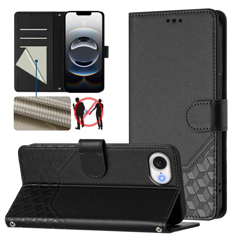 Capa de telemóvel em pele com relevo de favo de mel e proteção RFID, para iPhone 17e / 16e, para iPhone 17 Pro Max, para iPhone 17 Pro, para iPhone 17, para iPhone Air, para iPhone 16 Pro Max, para iPhone 16 Pro, para iPhone 16 Plus