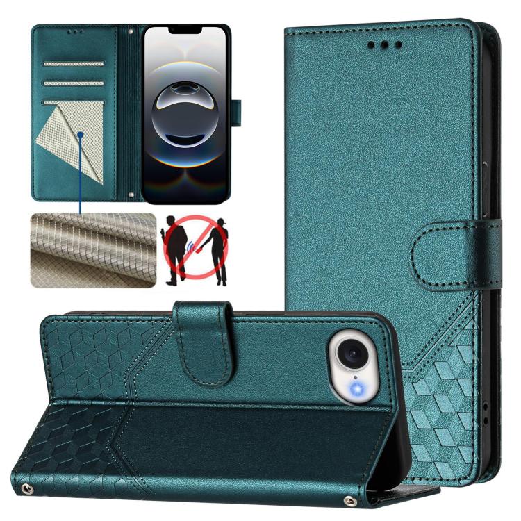 Capa de telemóvel em pele com relevo de favo de mel e proteção RFID, para iPhone 17e / 16e, para iPhone 17 Pro Max, para iPhone 17 Pro, para iPhone 17, para iPhone Air, para iPhone 16 Pro Max, para iPhone 16 Pro, para iPhone 16 Plus