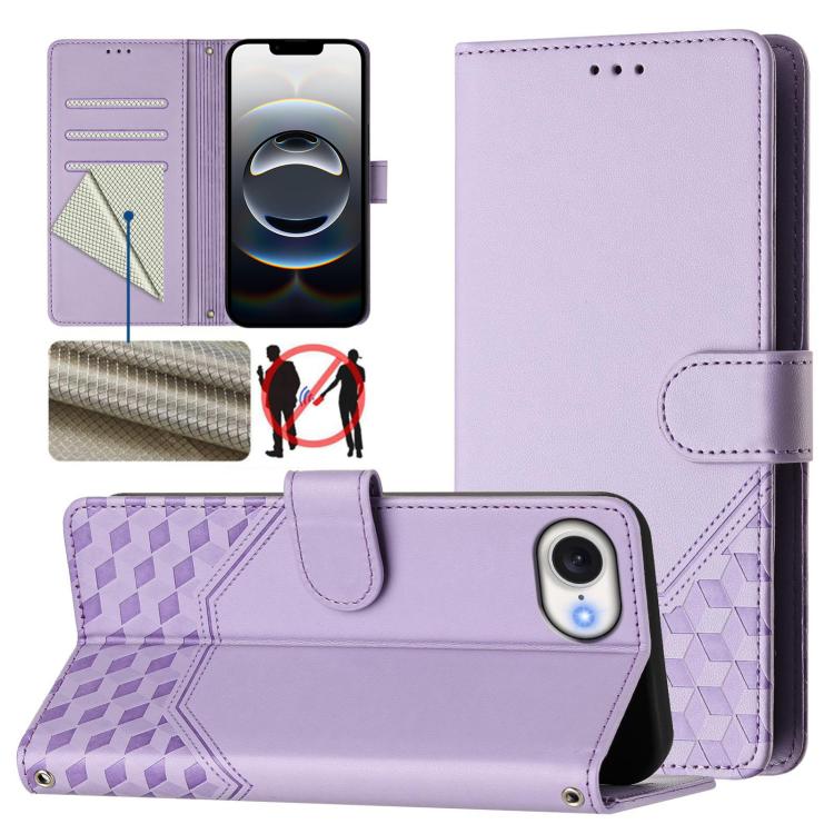 Capa de telemóvel em pele com relevo de favo de mel e proteção RFID, para iPhone 17e / 16e, para iPhone 17 Pro Max, para iPhone 17 Pro, para iPhone 17, para iPhone Air, para iPhone 16 Pro Max, para iPhone 16 Pro, para iPhone 16 Plus