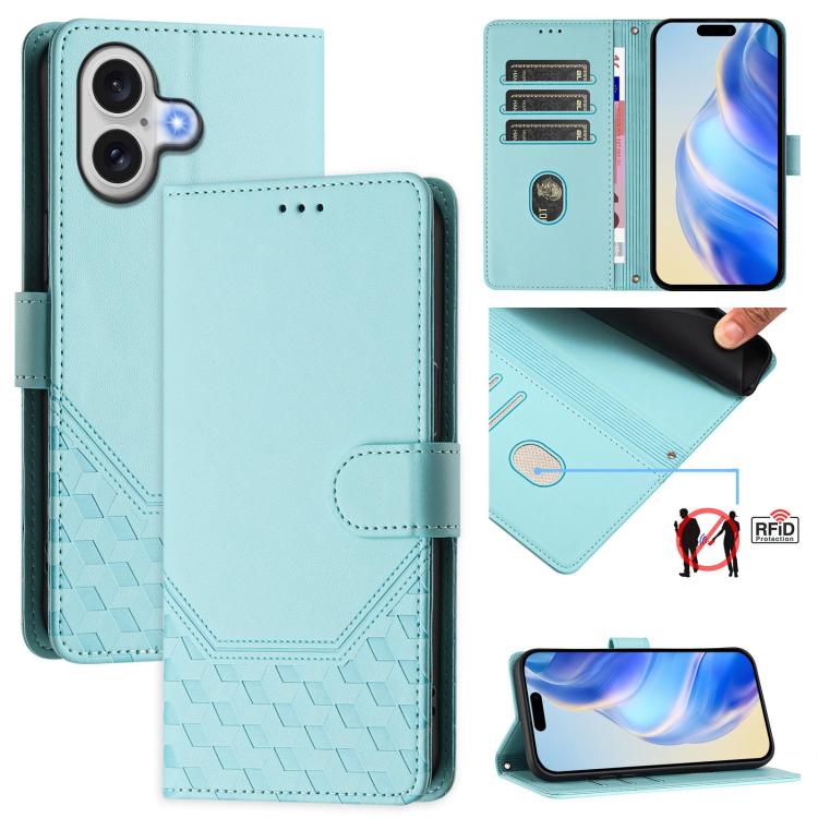 Capa de telemóvel em pele com relevo de favo de mel e proteção RFID, para iPhone 17e / 16e, para iPhone 17 Pro Max, para iPhone 17 Pro, para iPhone 17, para iPhone Air, para iPhone 16 Pro Max, para iPhone 16 Pro, para iPhone 16 Plus
