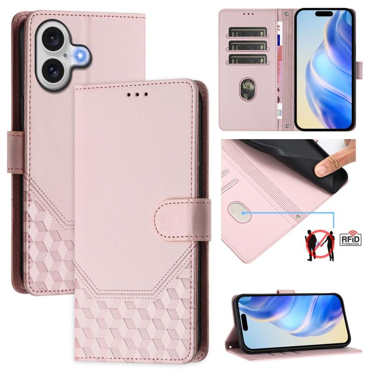 Capa de telemóvel em pele com relevo de favo de mel e proteção RFID, para iPhone 17e / 16e, para iPhone 17 Pro Max, para iPhone 17 Pro, para iPhone 17, para iPhone Air, para iPhone 16 Pro Max, para iPhone 16 Pro, para iPhone 16 Plus