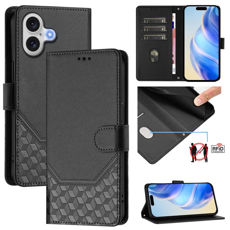 Capa de telemóvel em pele com relevo de favo de mel e proteção RFID, para iPhone 17e / 16e, para iPhone 17 Pro Max, para iPhone 17 Pro, para iPhone 17, para iPhone Air, para iPhone 16 Pro Max, para iPhone 16 Pro, para iPhone 16 Plus