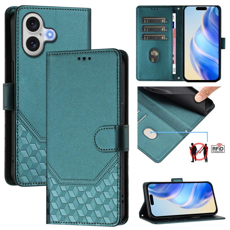 Capa de telemóvel em pele com relevo de favo de mel e proteção RFID, para iPhone 17e / 16e, para iPhone 17 Pro Max, para iPhone 17 Pro, para iPhone 17, para iPhone Air, para iPhone 16 Pro Max, para iPhone 16 Pro, para iPhone 16 Plus