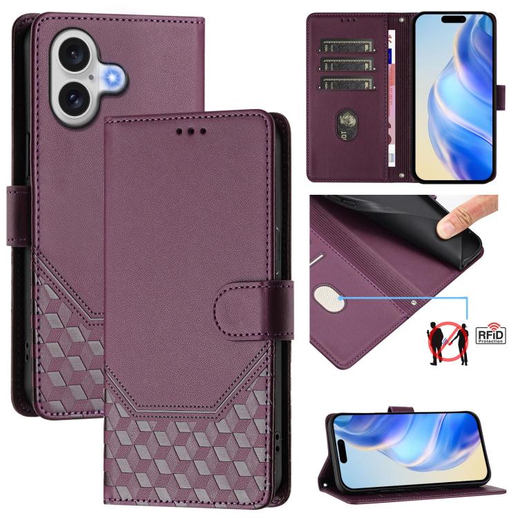 Capa de telemóvel em pele com relevo de favo de mel e proteção RFID, para iPhone 17e / 16e, para iPhone 17 Pro Max, para iPhone 17 Pro, para iPhone 17, para iPhone Air, para iPhone 16 Pro Max, para iPhone 16 Pro, para iPhone 16 Plus