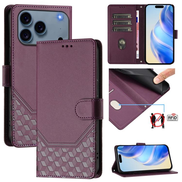 Capa de telemóvel em pele com relevo de favo de mel e proteção RFID, para iPhone 17e / 16e, para iPhone 17 Pro Max, para iPhone 17 Pro, para iPhone 17, para iPhone Air, para iPhone 16 Pro Max, para iPhone 16 Pro, para iPhone 16 Plus
