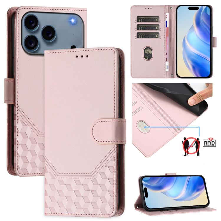 Capa de telemóvel em pele com relevo de favo de mel e proteção RFID, para iPhone 17e / 16e, para iPhone 17 Pro Max, para iPhone 17 Pro, para iPhone 17, para iPhone Air, para iPhone 16 Pro Max, para iPhone 16 Pro, para iPhone 16 Plus