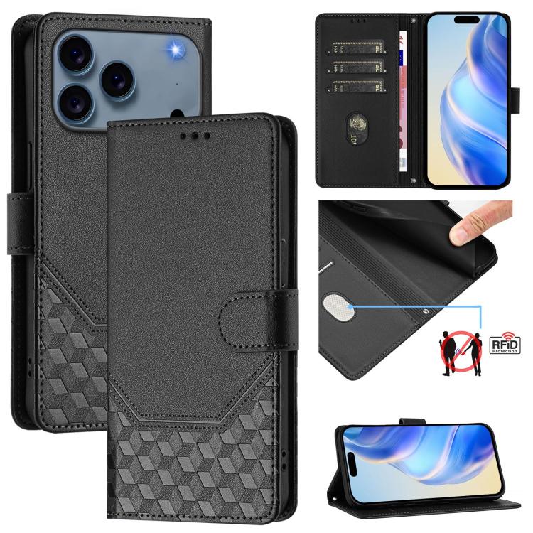 Capa de telemóvel em pele com relevo de favo de mel e proteção RFID, para iPhone 17e / 16e, para iPhone 17 Pro Max, para iPhone 17 Pro, para iPhone 17, para iPhone Air, para iPhone 16 Pro Max, para iPhone 16 Pro, para iPhone 16 Plus