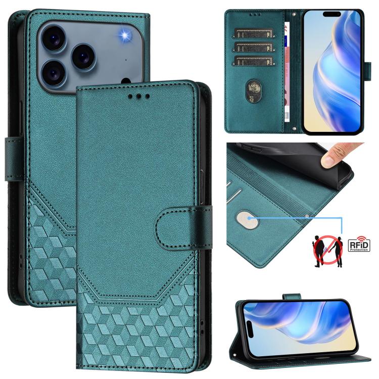 Capa de telemóvel em pele com relevo de favo de mel e proteção RFID, para iPhone 17e / 16e, para iPhone 17 Pro Max, para iPhone 17 Pro, para iPhone 17, para iPhone Air, para iPhone 16 Pro Max, para iPhone 16 Pro, para iPhone 16 Plus