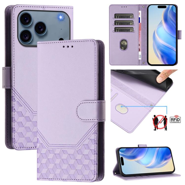 Capa de telemóvel em pele com relevo de favo de mel e proteção RFID, para iPhone 17e / 16e, para iPhone 17 Pro Max, para iPhone 17 Pro, para iPhone 17, para iPhone Air, para iPhone 16 Pro Max, para iPhone 16 Pro, para iPhone 16 Plus