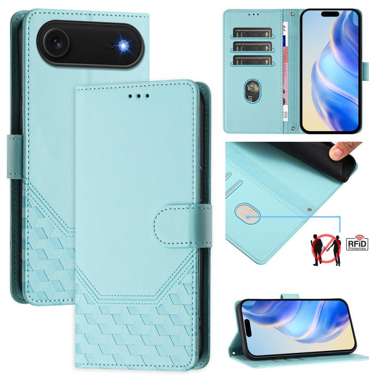Capa de telemóvel em pele com relevo de favo de mel e proteção RFID, para iPhone 17e / 16e, para iPhone 17 Pro Max, para iPhone 17 Pro, para iPhone 17, para iPhone Air, para iPhone 16 Pro Max, para iPhone 16 Pro, para iPhone 16 Plus