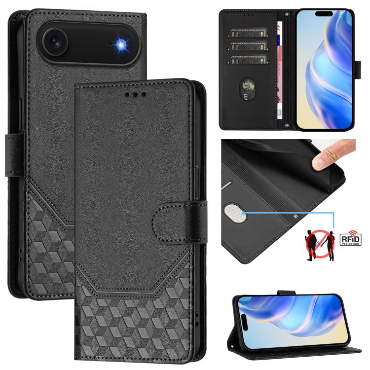 Capa de telemóvel em pele com relevo de favo de mel e proteção RFID, para iPhone 17e / 16e, para iPhone 17 Pro Max, para iPhone 17 Pro, para iPhone 17, para iPhone Air, para iPhone 16 Pro Max, para iPhone 16 Pro, para iPhone 16 Plus