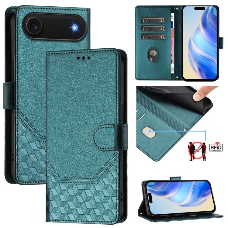 Capa de telemóvel em pele com relevo de favo de mel e proteção RFID, para iPhone 17e / 16e, para iPhone 17 Pro Max, para iPhone 17 Pro, para iPhone 17, para iPhone Air, para iPhone 16 Pro Max, para iPhone 16 Pro, para iPhone 16 Plus