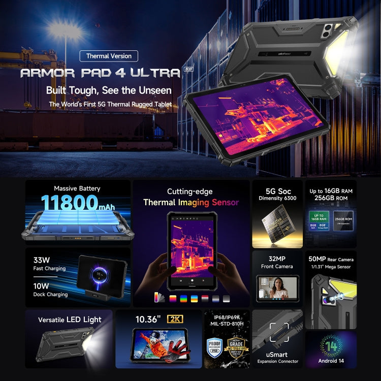 Ulefone Armor Pad 4 Ultra Versão Térmica Tablet Robusto, 10,36 polegadas Android 14 MediaTek Dimensity 6300 Octa Core Rede 5G, Plugue UE, Armor Pad 4 Ultra Imagem Térmica