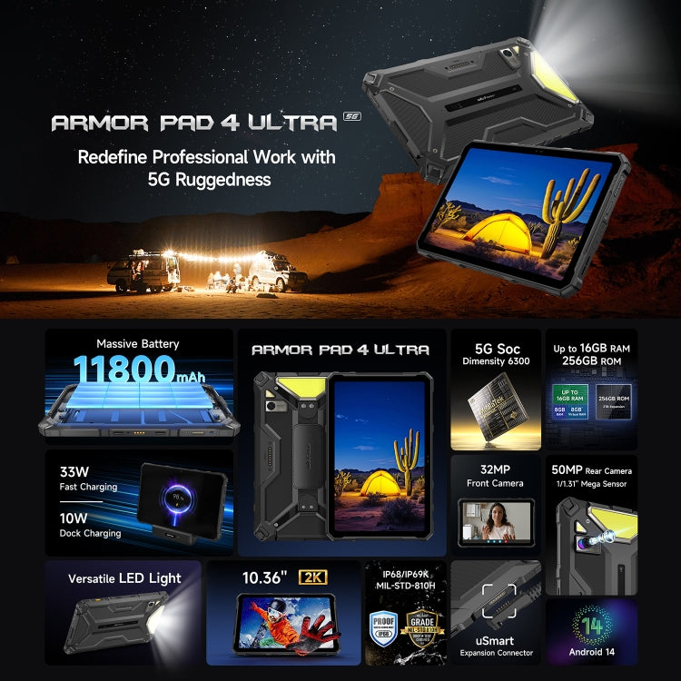 Ulefone Armor Pad 4 Ultra Tablet PC Robusto, 10,36 polegadas Android 14 MediaTek Dimensity 6300 Octa Core Rede 5G, Plugue UE, Armor Pad 4 Ultra