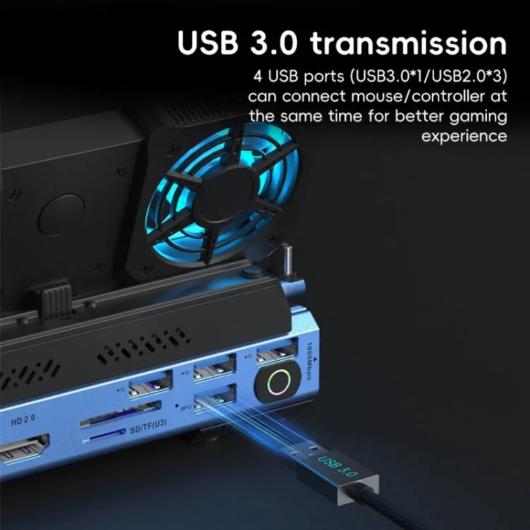 YCE-V279A Dock Station Gaming USB-C 9 em 1 com Ventoinha Destacável, 9 em 1