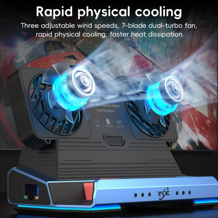 YCE-V279A Dock Station Gaming USB-C 9 em 1 com Ventoinha Destacável, 9 em 1