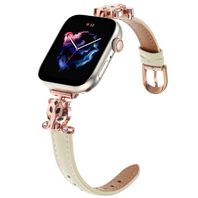 Pulseira de Relógio em Pele Genuína com Cabeça de Leopardo, Para Apple Watch 46mm / 49mm / 45mm / 44mm, Para Apple Watch 42mm / 41mm / 40mm / 38mm