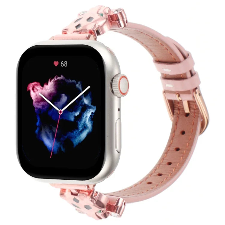 Pulseira de Relógio em Pele Genuína com Cabeça de Leopardo, Para Apple Watch 46mm / 49mm / 45mm / 44mm, Para Apple Watch 42mm / 41mm / 40mm / 38mm