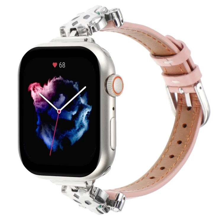 Pulseira de Relógio em Pele Genuína com Cabeça de Leopardo, Para Apple Watch 46mm / 49mm / 45mm / 44mm, Para Apple Watch 42mm / 41mm / 40mm / 38mm