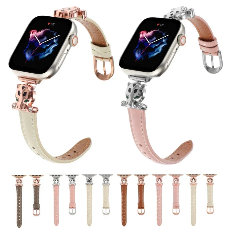 Pulseira de Relógio em Pele Genuína com Cabeça de Leopardo, Para Apple Watch 46mm / 49mm / 45mm / 44mm, Para Apple Watch 42mm / 41mm / 40mm / 38mm
