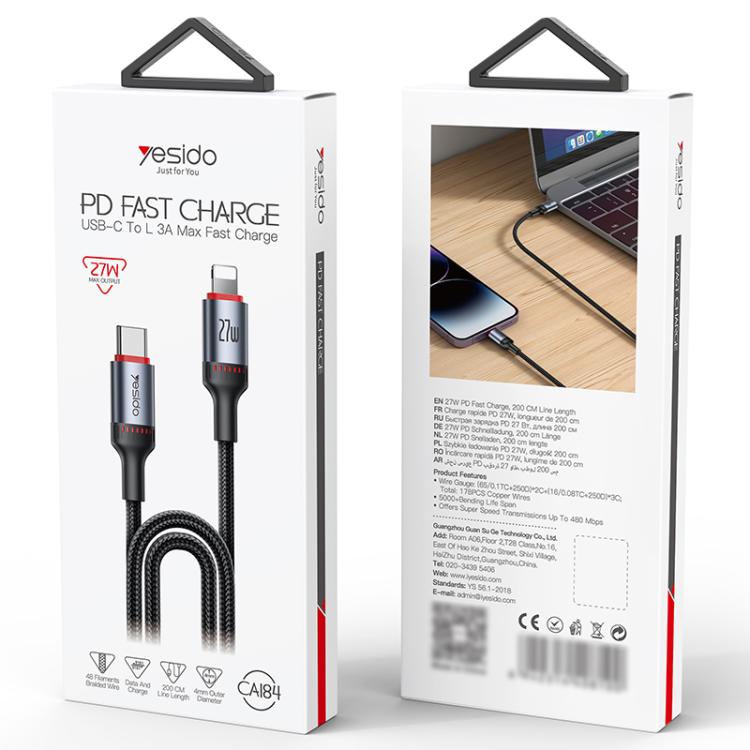 Yesido CA184 PD27W 3A Cabo de Dados de Carregamento USB-C / Tipo-C para 8 Pinos, Comprimento: 2m, CA184