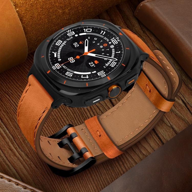 Correia de Relógio em Pele Genuína com Fivela Dupla, Para Samsung Galaxy Watch Ultra / Ultra 2025, Para Samsung Galaxy Watch8 / Watch8 Classic