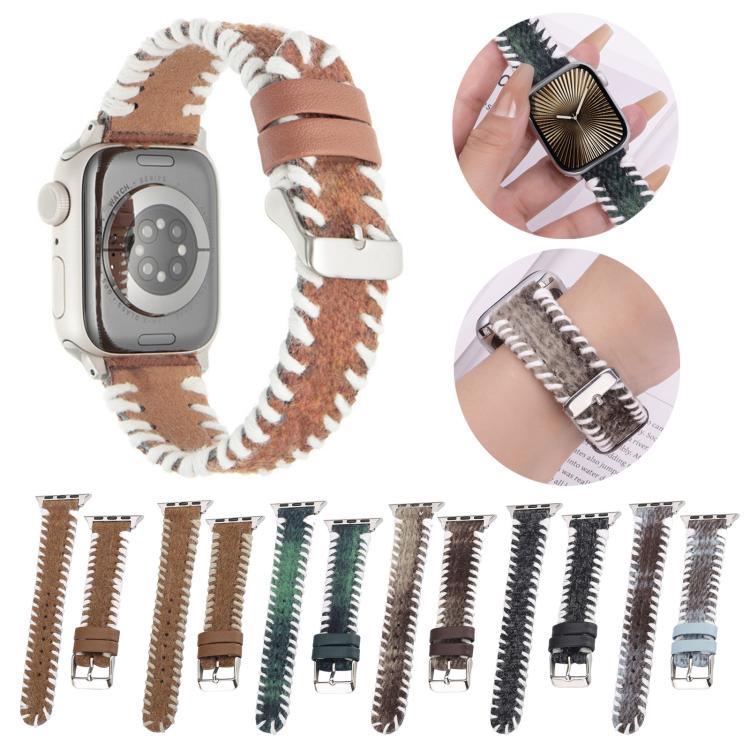 Correia de Relógio em Pele Genuína de Lã com Costura Retro, Para Apple Watch 46mm / 49mm / 45mm / 44mm, Para Apple Watch 42mm / 41mm / 40mm / 38mm