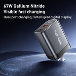 Carregador Rápido REMAX U2-AC 67W USB e Type-C GaN com Ecrã Digital, Ficha UE, Ficha UK